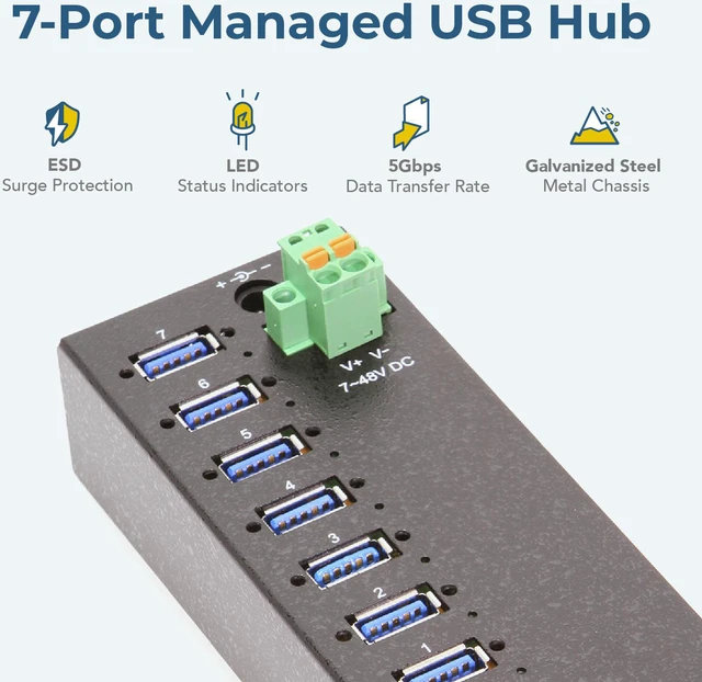 Alt view image 2 of 7 - Coolgear 7 Port Managed USB 3 Hub w/ 15KV ESD Surge Protection