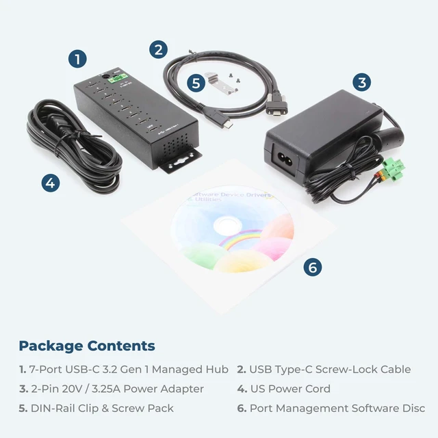 Alt view image 7 of 7 - Coolgear 7-Port USB-C 3.2 Hub with 5Gbps Data, Surge Protection, Screw-Lock Ports, Wide Power Input for Industrial Use