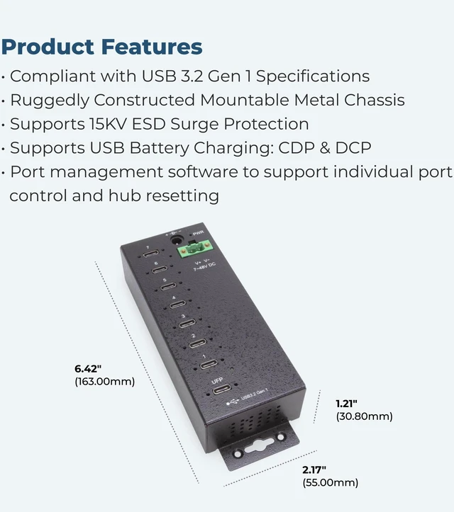 Alt view image 6 of 7 - Coolgear 7-Port USB-C 3.2 Hub with 5Gbps Data, Surge Protection, Screw-Lock Ports, Wide Power Input for Industrial Use