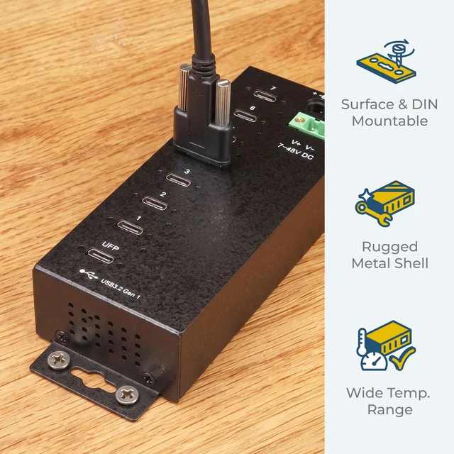 Alt view image 5 of 7 - Coolgear 7-Port USB-C 3.2 Hub with 5Gbps Data, Surge Protection, Screw-Lock Ports, Wide Power Input for Industrial Use