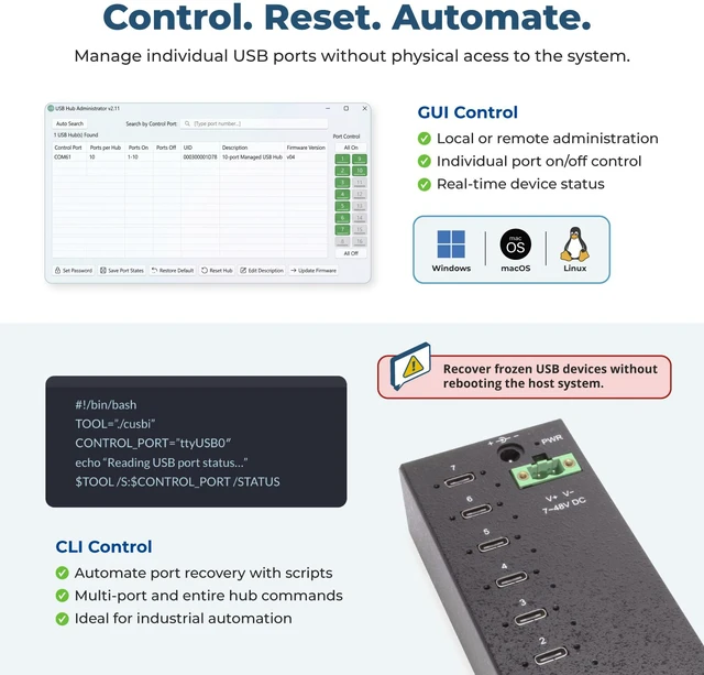 Alt view image 3 of 7 - Coolgear 7-Port USB-C 3.2 Hub with 5Gbps Data, Surge Protection, Screw-Lock Ports, Wide Power Input for Industrial Use