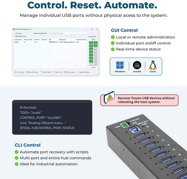 Alt view image 3 of 7 - Coolgear 10 Port Managed USB 3.2 Gen 1 Hub w/ 15KV ESD Surge Protection Per Port - CG-10PU3MGD