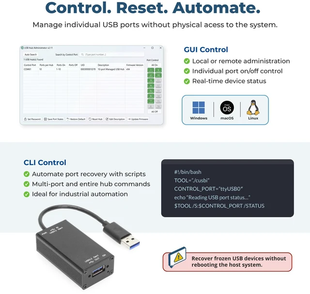Alt view image 3 of 7 - Coolgear Single Port Managed USB Adapter Power Control, 5Gbps Data Transfer, and Surge Protection