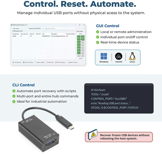 Alt view image 3 of 7 - Coolgear Single Port Managed USB-C Adapter Power Control, 5Gbps Data Transfer, and Surge Protection