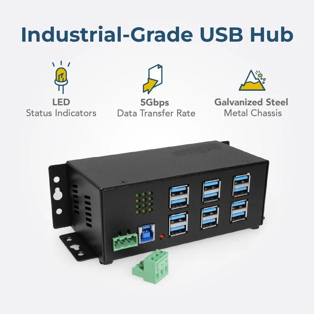 Alt view image 2 of 7 - Coolgear Industrial 12-Port USB 3.2 Gen 1 Hub with Status LEDs | Rugged Metal Chassis | 5Gbps Data | Wall & DIN-rail Mounting
