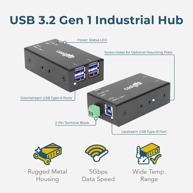 Alt view image 2 of 7 - Coolgear Compact 4-Port USB 3.2 Gen 1 Micro Hub for Industrial Use, 5Gbps Data, Variable Voltage Input, and Surge Protection