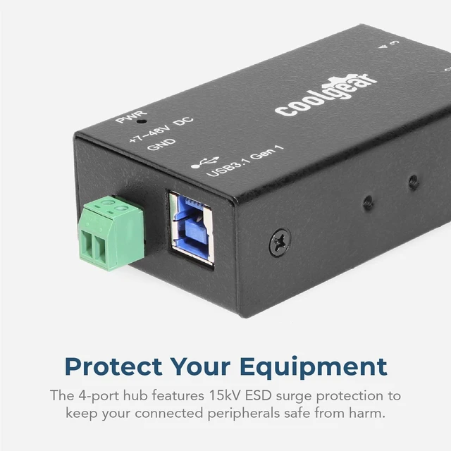 Alt view image 3 of 7 - Coolgear Compact 4-Port USB 3.2 Gen 1 Micro Hub for Industrial Use, 5Gbps Data, Variable Voltage Input, and Surge Protection