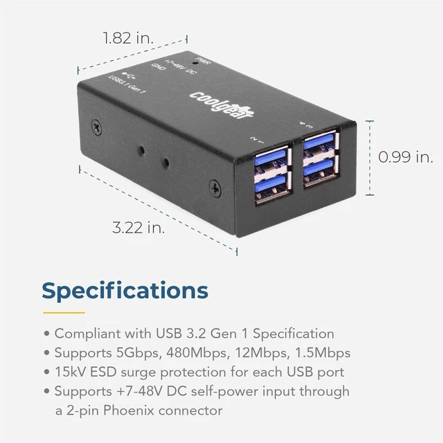 Alt view image 5 of 7 - Coolgear Compact 4-Port USB 3.2 Gen 1 Micro Hub for Industrial Use, 5Gbps Data, Variable Voltage Input, and Surge Protection