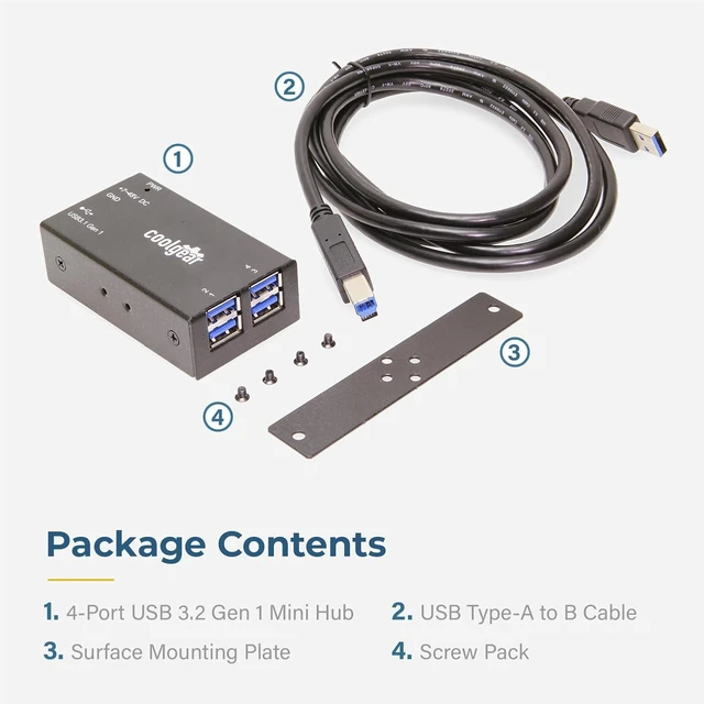 Alt view image 6 of 7 - Coolgear Compact 4-Port USB 3.2 Gen 1 Micro Hub for Industrial Use, 5Gbps Data, Variable Voltage Input, and Surge Protection