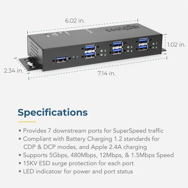 Alt view image 5 of 7 - Coolgear 7 Port USB 3.1 Gen1 Hub 15KV ESD Surge Protection w/Power Adapter