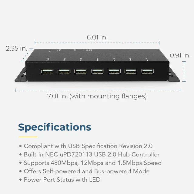 Alt view image 4 of 7 - USBGear Slim 7-Port USB 2.0 Hub with Power Adapter - 480Mbps Data, LED Indicators, Self-Powered, Plug & Play for PC & Mac
