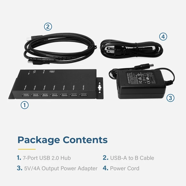 Alt view image 5 of 7 - USBGear Slim 7-Port USB 2.0 Hub with Power Adapter - 480Mbps Data, LED Indicators, Self-Powered, Plug & Play for PC & Mac