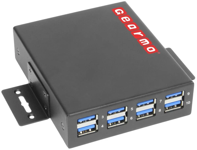 Main image of Gearmo 10-Port USB 3.2 Gen 1 Hub, 5Gbps, Rugged Metal Housing, DIN Rail Compatible, Includes Power Adapter and Mounting Hardware