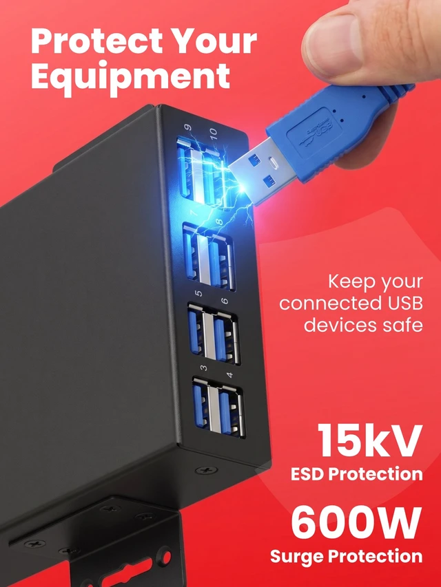 Alt view image 6 of 7 - Gearmo 10-Port USB 3.2 Gen 1 Hub, 5Gbps, Rugged Metal Housing, DIN Rail Compatible, Includes Power Adapter and Mounting Hardware