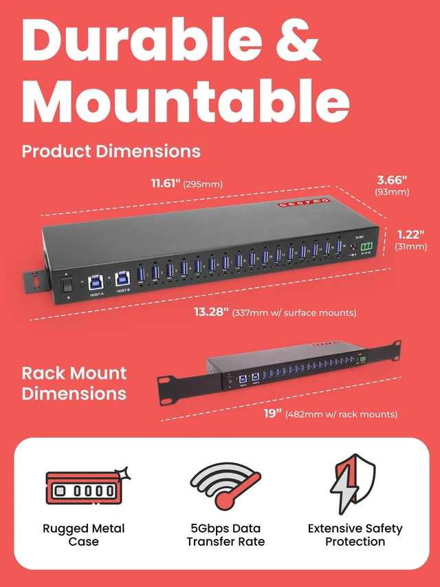 Alt view image 3 of 7 - Gearmo 16-Port USB-A Hub - Dual Upstream Ports, 5Gbps Speed, Surge Protection, Industrial Grade
