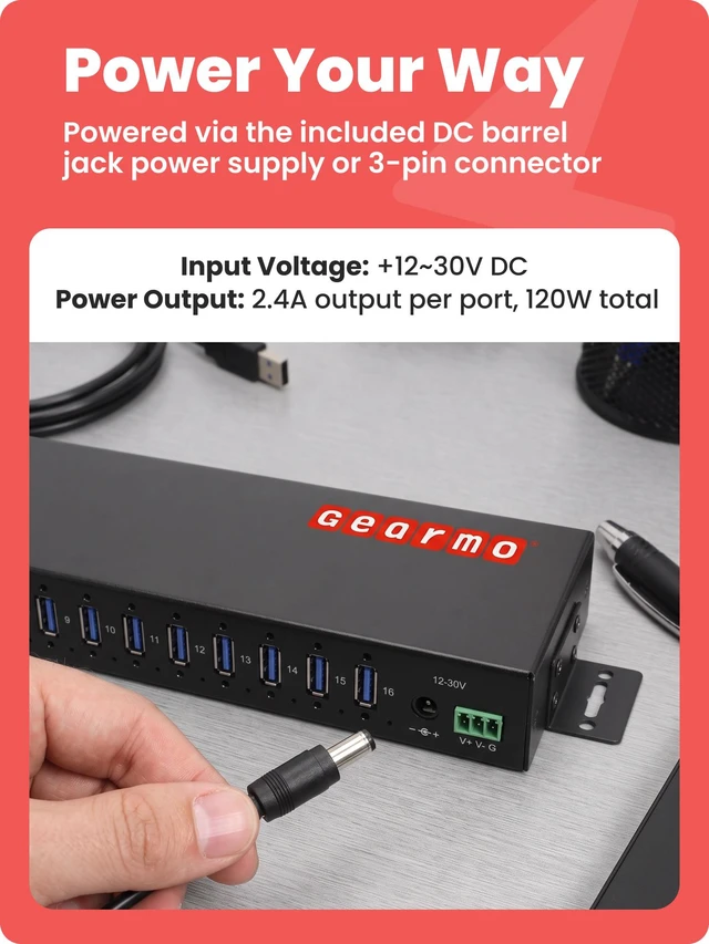 Alt view image 5 of 7 - Gearmo 16-Port USB-A Hub - Dual Upstream Ports, 5Gbps Speed, Surge Protection, Industrial Grade