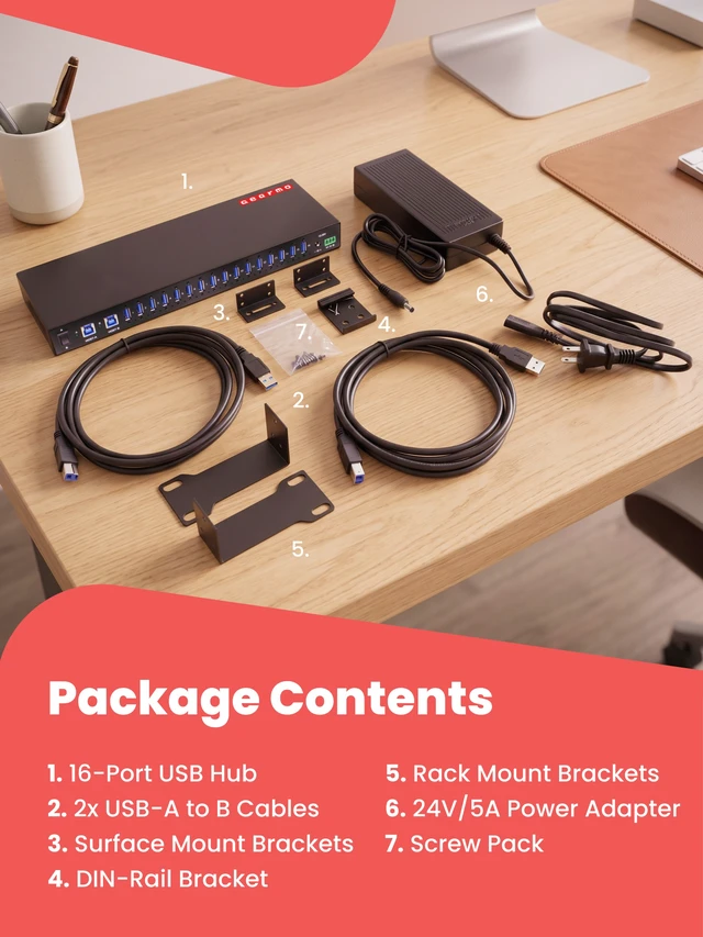 Alt view image 7 of 7 - Gearmo 16-Port USB-A Hub - Dual Upstream Ports, 5Gbps Speed, Surge Protection, Industrial Grade