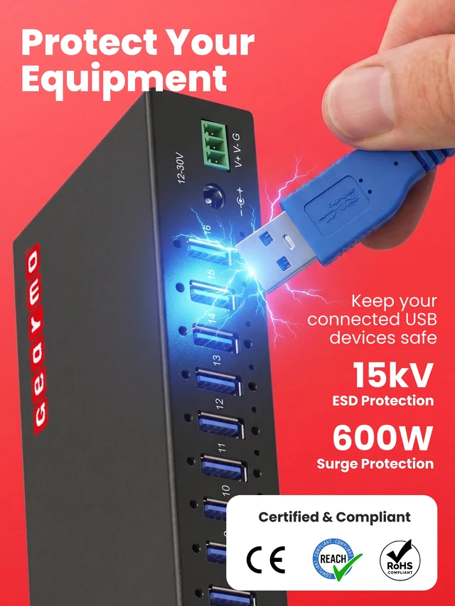 Alt view image 6 of 7 - Gearmo 16-Port USB-A Hub - Dual Upstream Ports, 5Gbps Speed, Surge Protection, Industrial Grade