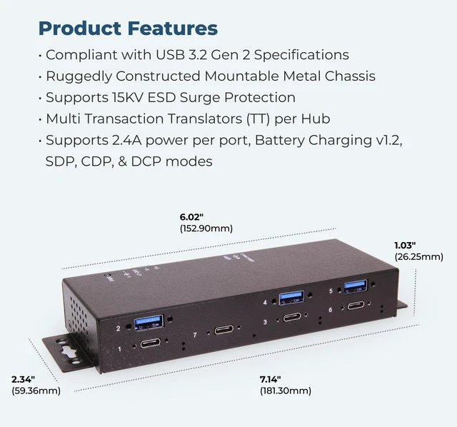 Alt view image 5 of 7 - Coolgear 7 Port USB-C Hub with Surge Protection, 5Gbps Speed & 2.4A Charging - CG-7P4C3A