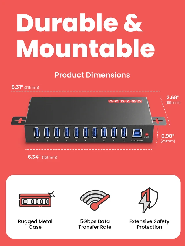 Alt view image 2 of 7 - Gearmo 10-Port USB Type-A 3.2 Gen 1 Hub - 15kV ESD Protection
