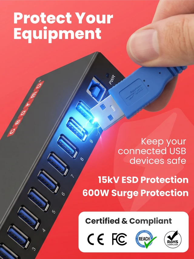 Alt view image 6 of 7 - Gearmo 10-Port USB Type-A 3.2 Gen 1 Hub - 15kV ESD Protection