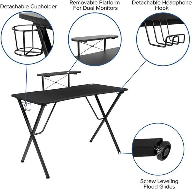 Alt view image 4 of 17 - Flash Furniture Black Computer Gaming Desk and Racing Chair Set with Cup Holder, Headphone Hook, Monitor and Smartphone Stand