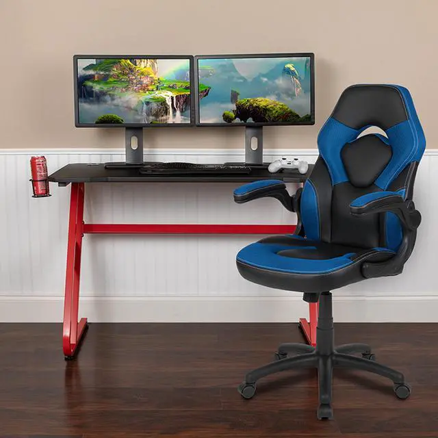 Alt view image 2 of 20 - Flash Furniture Red Computer Gaming Desk and Blue, Black Racing Chair Set with Cup Holder and Headphone Hook