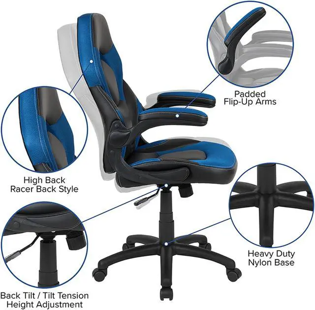 Alt view image 4 of 20 - Flash Furniture Red Computer Gaming Desk and Blue, Black Racing Chair Set with Cup Holder and Headphone Hook