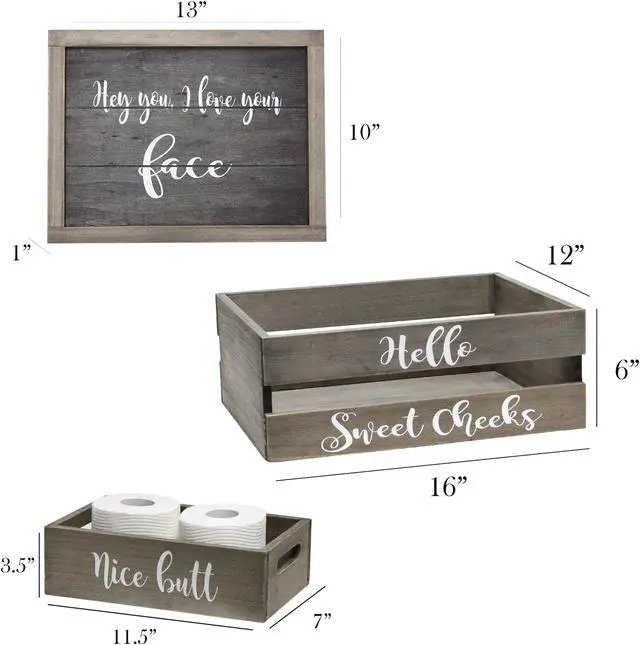 Alt view image 3 of 20 - Elegant Designs Three Piece Decorative Wood Bathroom Set, Large, Cheeky  (1 Towel Holder, 1 Frame, 1 Toilet Paper Holder)