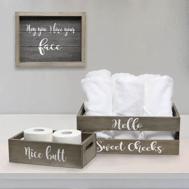 Alt view image 2 of 20 - Elegant Designs Three Piece Decorative Wood Bathroom Set, Large, Cheeky  (1 Towel Holder, 1 Frame, 1 Toilet Paper Holder)