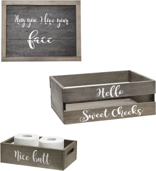 Alt view image 8 of 20 - Elegant Designs Three Piece Decorative Wood Bathroom Set, Large, Cheeky  (1 Towel Holder, 1 Frame, 1 Toilet Paper Holder)