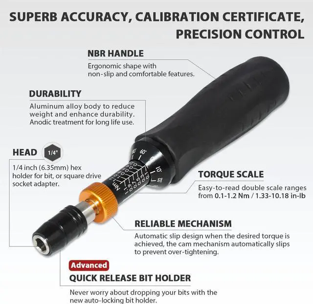 Alt view image 2 of 7 - 1/4" Adjustable Torque Limited 0.1~1.2 Nm /1.33~10.18 in-lb Hex Screwdriver Kit