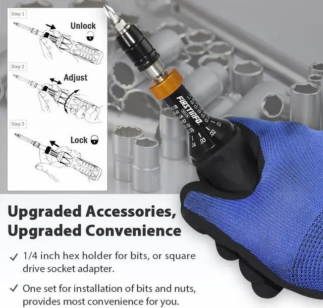 Alt view image 5 of 7 - 1/4" Adjustable Torque Limited 0.1~1.2 Nm /1.33~10.18 in-lb Hex Screwdriver Kit