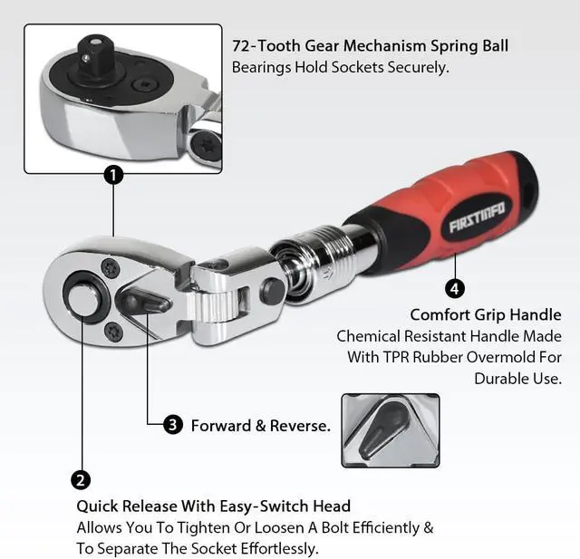 Alt view image 3 of 6 - FIRSTINFO 1/4-Inch Drive Locking & Flexible Extendable Ratchet Wrench Reversible, Soft-Grip with 72-Tooth Geared Action (Length: 6.7 to 8.6 inches)