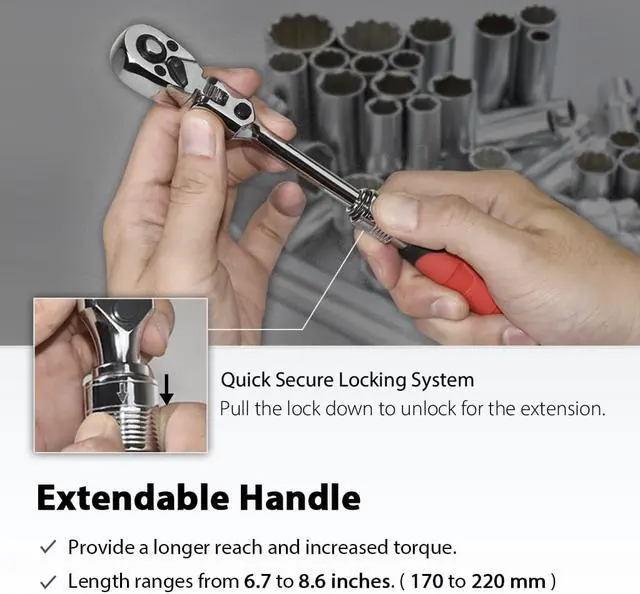 Alt view image 5 of 6 - FIRSTINFO 1/4-Inch Drive Locking & Flexible Extendable Ratchet Wrench Reversible, Soft-Grip with 72-Tooth Geared Action (Length: 6.7 to 8.6 inches)