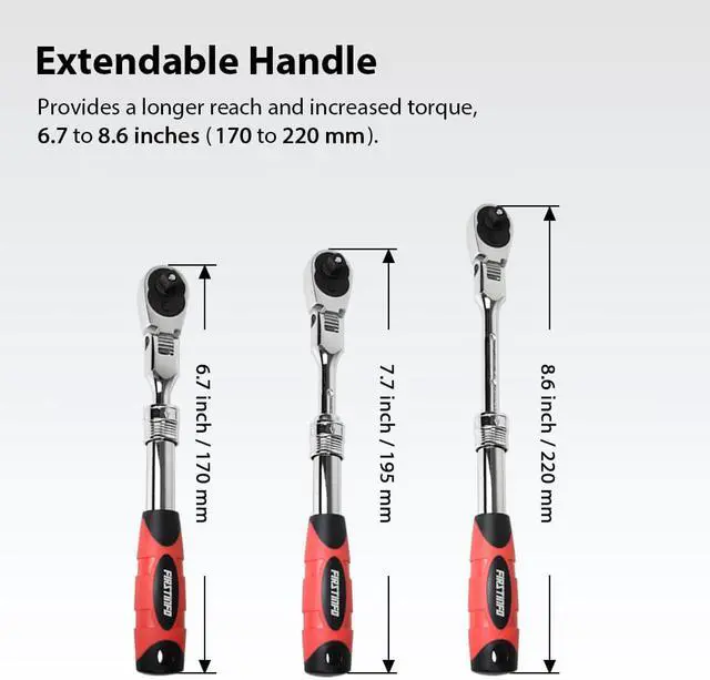 Alt view image 2 of 6 - FIRSTINFO 1/4-Inch Drive Locking & Flexible Extendable Ratchet Wrench Reversible, Soft-Grip with 72-Tooth Geared Action (Length: 6.7 to 8.6 inches)