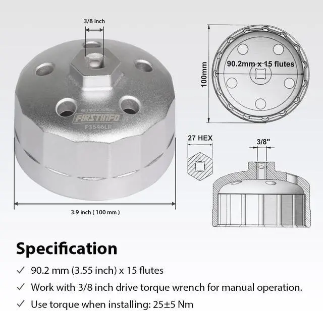 Alt view image 6 of 6 - FIRSTINFO 3/8" Drive 90.2mm 15 Flutes Oil Filter Wrench, Compatible with Land Rover & Jaguar - Fits 3.0L & 5.0L Gas Engines