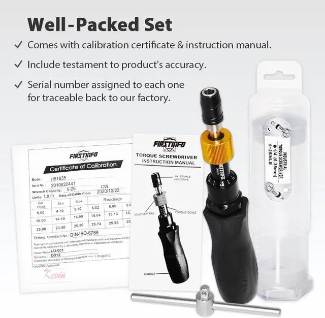 Alt view image 2 of 6 - FIRSTINFO Precision Certified Torque Limiting Screwdriver, 1/4 Inch Universal Hex Bit Holder, 5-25 in-lbs with Extra T-Handle