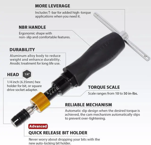 Alt view image 5 of 6 - FIRSTINFO Precision Certified Torque Limiting/Limited Screwdriver, 1/4 Inch Universal Hex Bit Holder Quick Release Design, 10-50 in-lbs with Extra T-Handle
