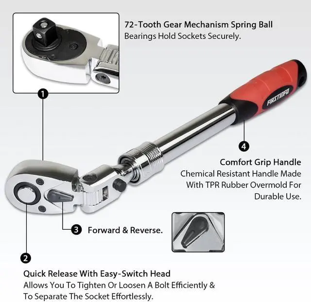Alt view image 4 of 6 - FIRSTINFO 1/2-Inch Drive Locking & Flexible Extendable Ratchet Wrench Reversible,Soft-Grip with 72-Tooth Geared Action (Length: 13.8-19.3 Inches)