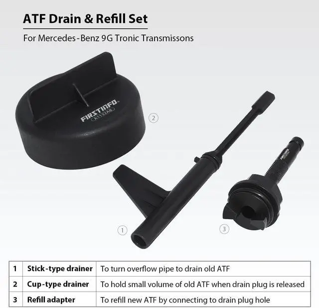Alt view image 2 of 7 - FIRSTINFO Transmission Fluid Filling Tool, 3 Pcs ATF Drainer And Refill Set (Cup-Type + Stick-Type Drainer + All Metal ATF Refill OE Style Adapter) For Mercedes-Benz 725.0 9-Speed Transmission