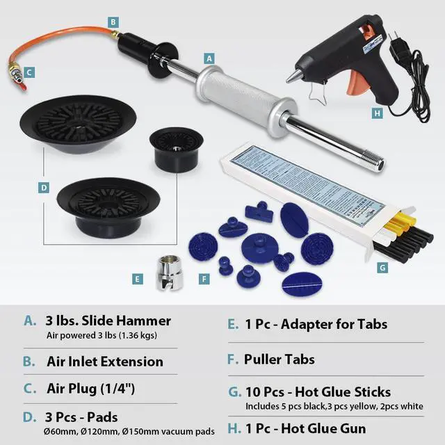 Alt view image 2 of 6 - FIRSTINFO Pneumatic Dent Puller Kit- Vacuum Suction/Slide Hammer/Glue Gun, Sticks, and 10 Puller Tabs