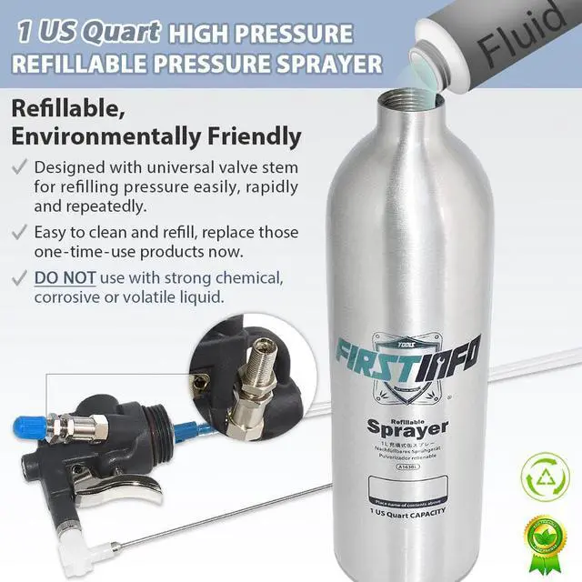 Alt view image 3 of 6 - FIRSTINFO Patented 1L (33.8 US fl. oz) Thickened Aluminum Canister Aerosol Refillable Fluid High Pressure Storage Spray Can/Pneumatic Compressed Air Sprayer/Maximum Pressure 140 psi