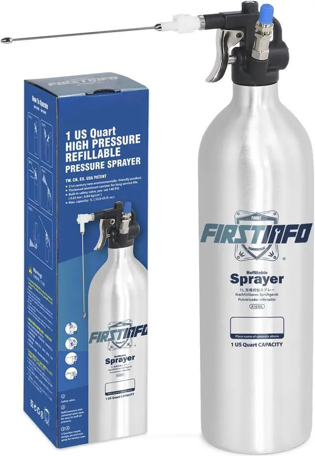 Main image of FIRSTINFO Patented 1L (33.8 US fl. oz) Thickened Aluminum Canister Aerosol Refillable Fluid High Pressure Storage Spray Can/Pneumatic Compressed Air Sprayer/Maximum Pressure 140 psi