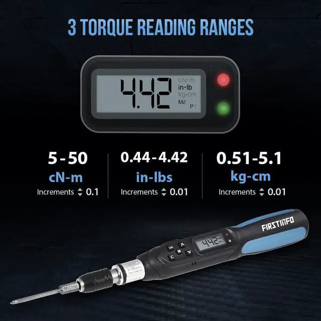 Alt view image 2 of 7 - FIRSTINFO Digital Torque Screwdriver, Dual Direction 0.44-4.42 in-lbs. / 5-50 cN-m / 0.51-5.1 kg-cm, LED and Buzzer Notification, Preset Memory