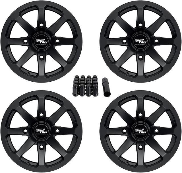 Main image of RockTrix RT102 4pc 14in ATV Wheels 4x110 Rims 14x7, 5+2 Offset, Includes 10x1.25 Lug Nuts - Compatible with IRS Honda Kawasaki Yamaha Rubicon Rincon Brute Force Kodiak Grizzly Rhino 4/110 (Set of 4)