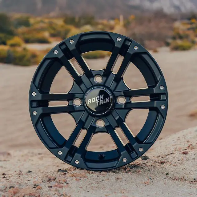 Alt view image 4 of 7 - RockTrix RT101 4pc 12in ATV Wheels 4x110 Rims 12x7, 5+2 Offset, Includes 10x1.25 Lug Nuts - Compatible with IRS Honda Kawasaki Yamaha Rubicon Rincon Brute Force Kodiak Grizzly Rhino 4/110 (Set of 4)