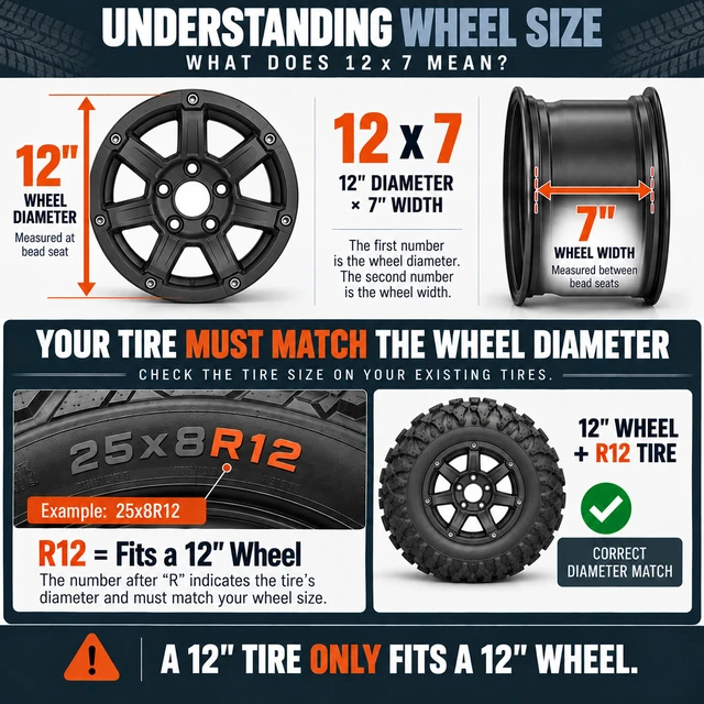 Alt view image 3 of 7 - RockTrix RT103 12x7 ATV Wheels 4x110 Matte Black 5+2 Offset, 12 Inch Rims for IRS Compatible with Honda Foreman Rancher, Fits Yamaha Grizzly Kodiak Rhino Wolverine Viking, Also Fits Suzuki King Quad