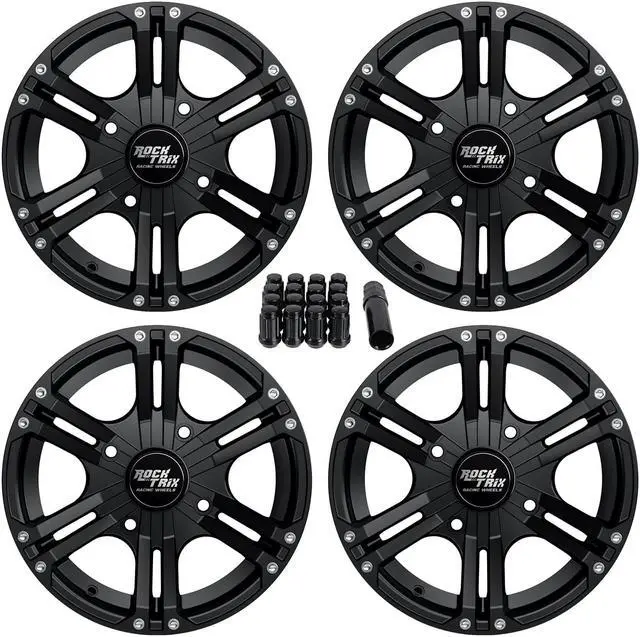 Main image of RockTrix RT101 4pc 14in ATV Wheels 4x110 Rims 14x7, 5+2 Offset, Includes 10x1.25 Lug Nuts - Compatible with IRS Honda Kawasaki Yamaha Rubicon Rincon Brute Force Kodiak Grizzly Rhino 4/110 (Set of 4)