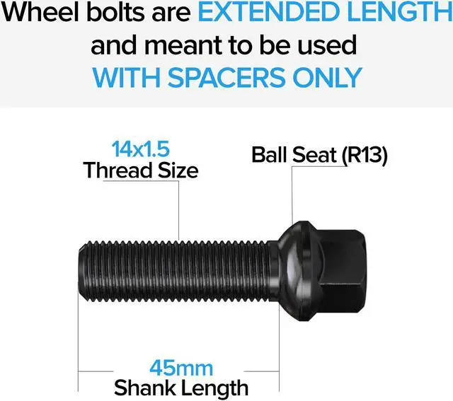 Alt view image 2 of 11 - 10pcs Extended Black Lug Bolts 14x1.5 (45mm Shank Length - Not OEM Length, Ball Radius Seat) Compatible with Audi TT A3 A4 S4 A5 S5 A6 S6 A7 B5 B6 B7 B8 Volkswagen Jetta Golf GTI Passat CC Beetle